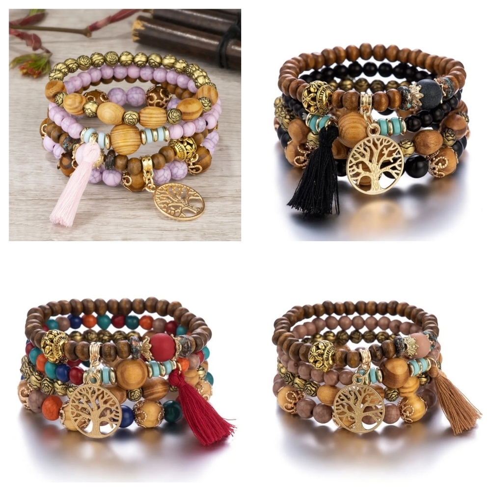 Tree Of Life Blue Beaded Layered Bracelet Set Tassel - Picture 5 of 10